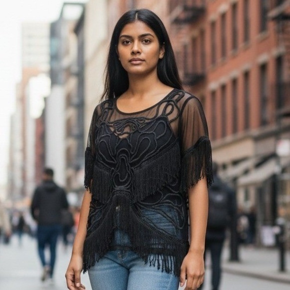 ASOS Womens Whimsigoth Embroidered Sheer Fringe Mesh Top Black Size 8